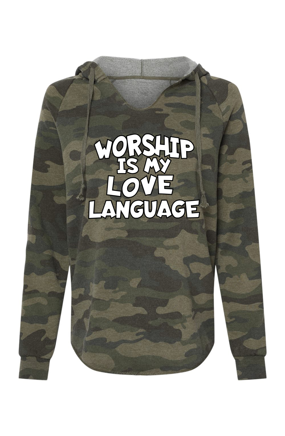 Worship Is My Love Language Womens Lightweight Camo Hooded Sweatshirt