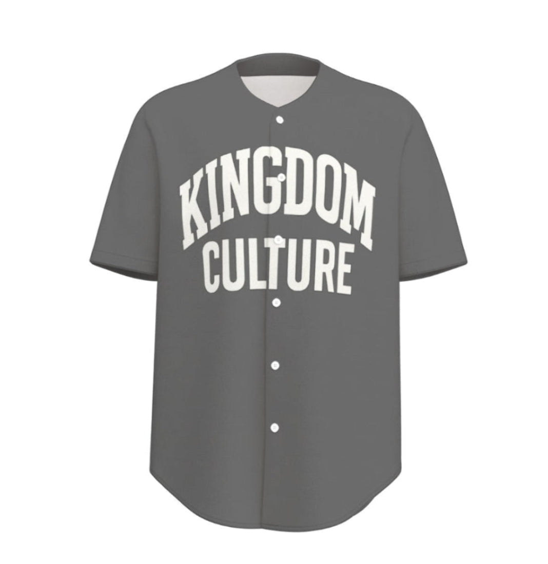 Gray baseball jersey with 'Kingdom Culture' text on a white background