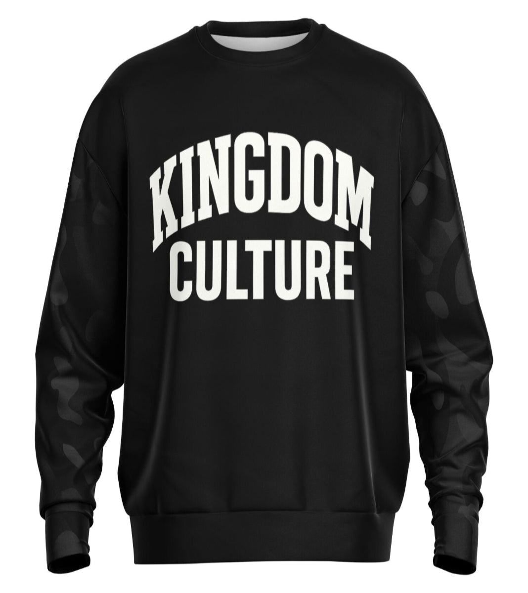 Black sweatshirt with 'Kingdom Culture' text on a white background