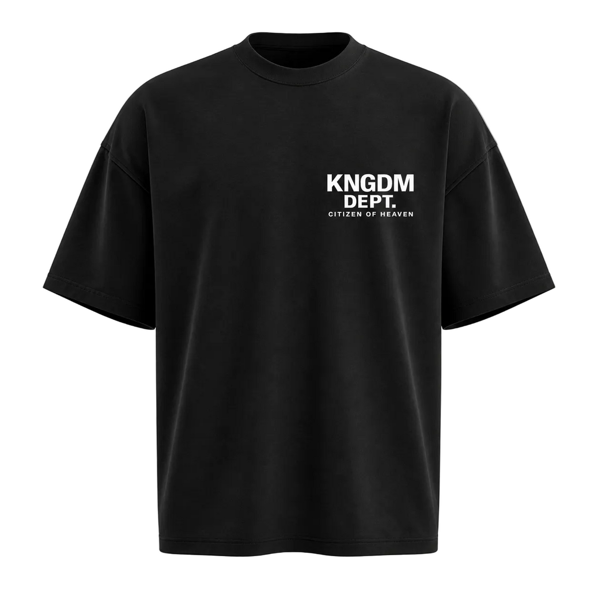 Black t-shirt with 'KNGDM DEPT. CITIZEN OF HEAVEN' text on a light gray background